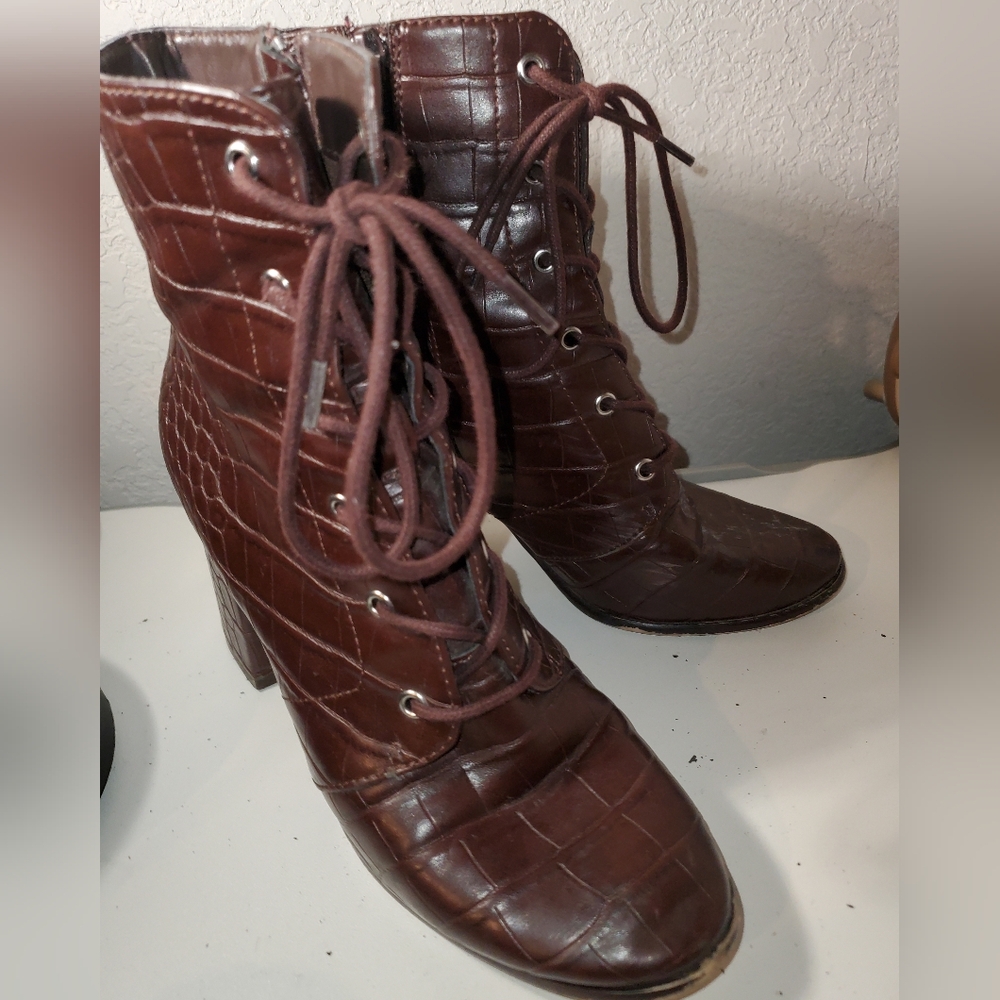 Forever 21 Brown Crocodile Pattern Lace-Up Ankle Booties